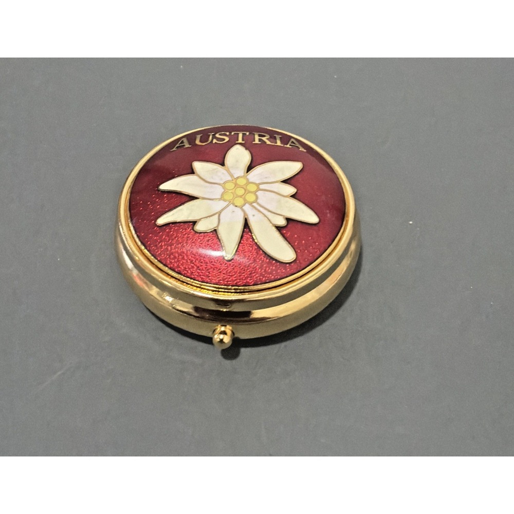 Enamel Pill Box Austria Edelweiss Flower Red Enamel 2" Textured Gold Tone